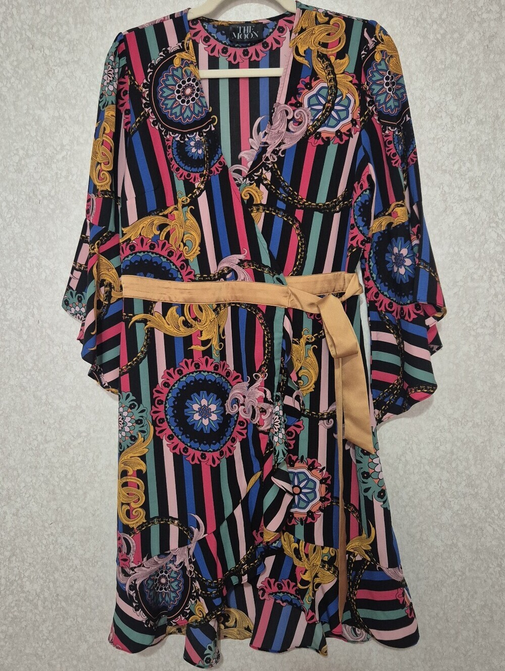 THE MOON Bold Multi-Color Striped & Medallion Mini Dress with Tie Waist-SIZE:L
